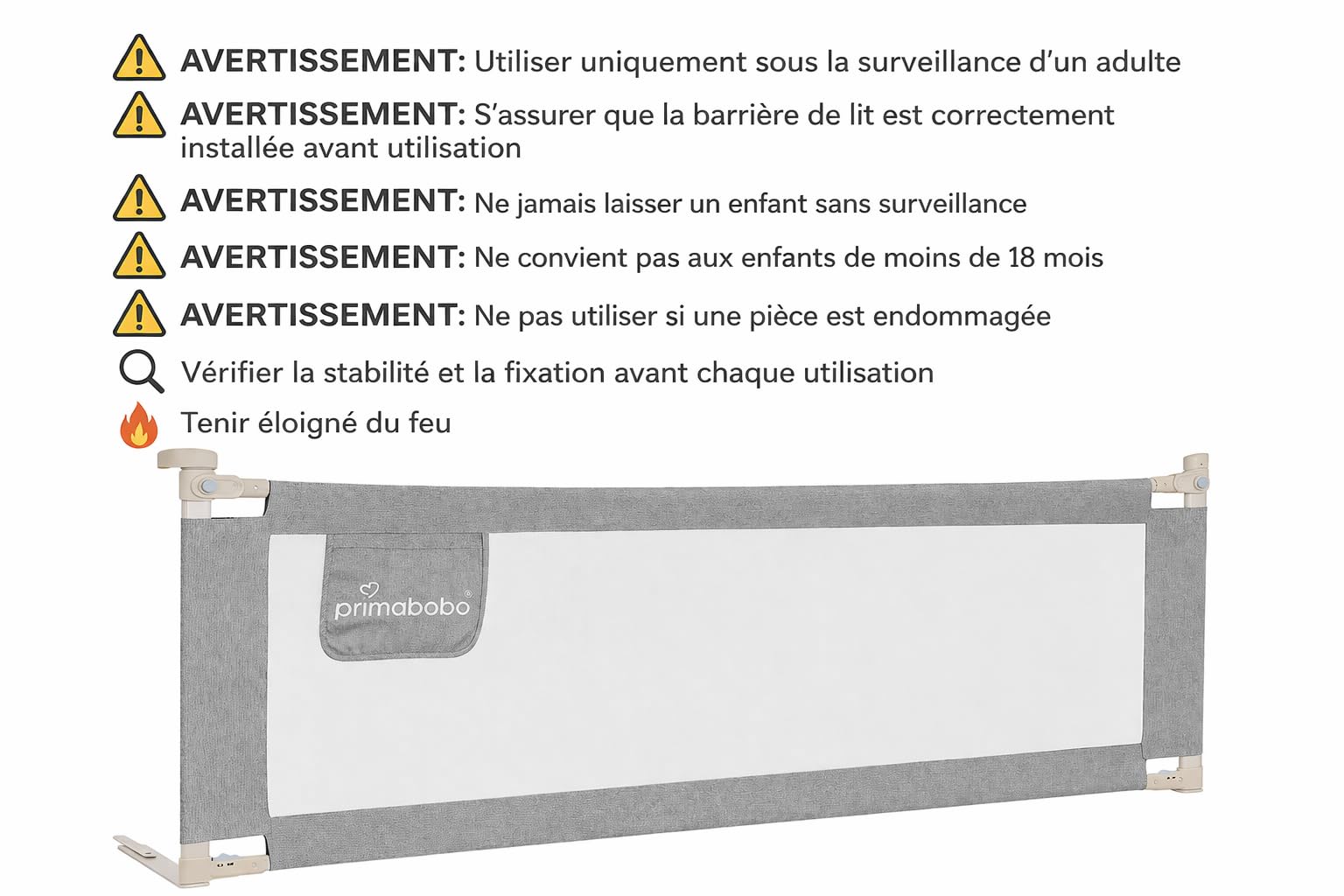 Primabobo Barrière de Lit Enfant Classic Gris 200 cm 160 cm Pliable – Lot de 3, Hauteur Réglable, Protection Lit Bébé