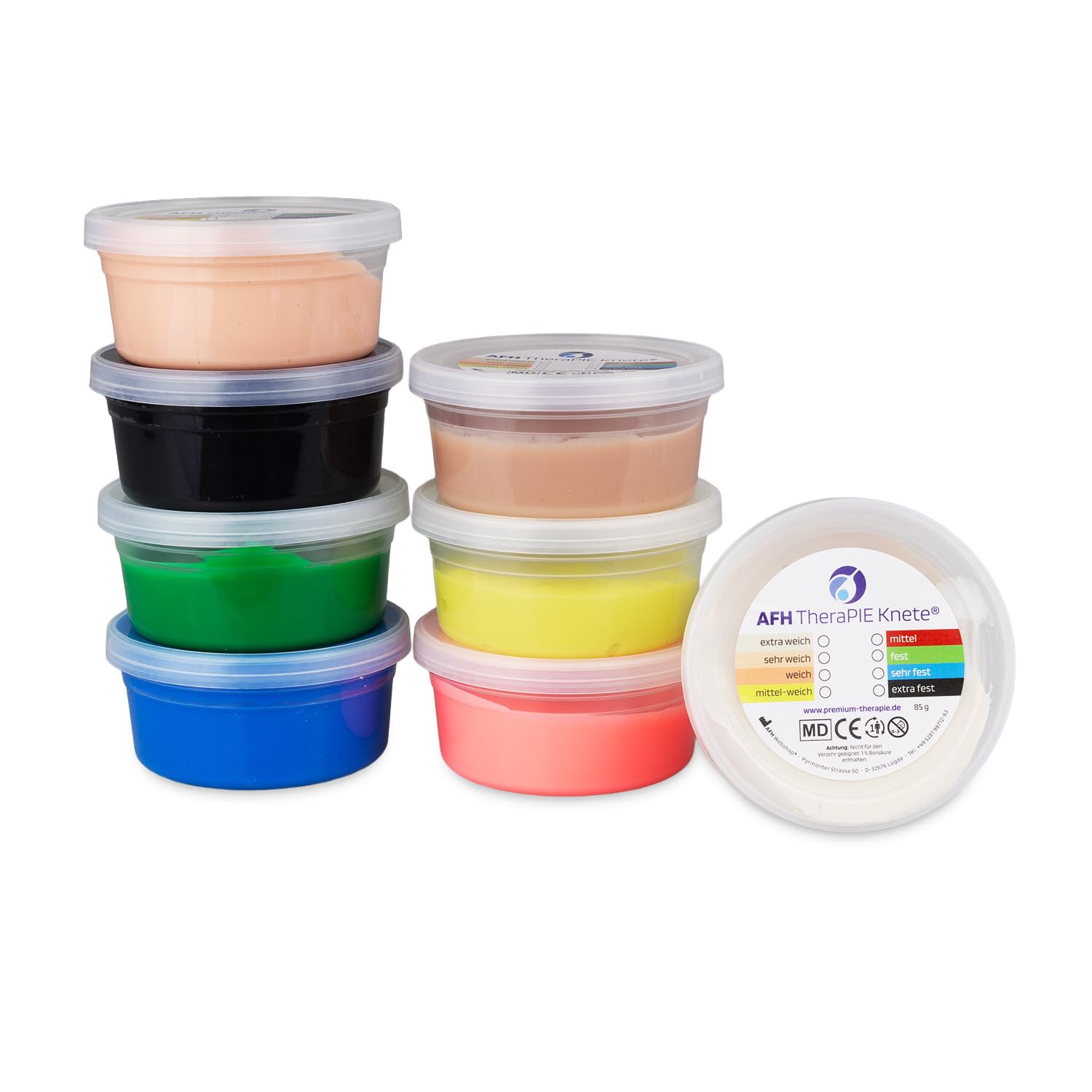 AFH TheraPIE Knete®, 85 g | 8er SPAR-SET, Knetmasse in 8 verschiedenen Stärken inkl. Gratisknetfibel