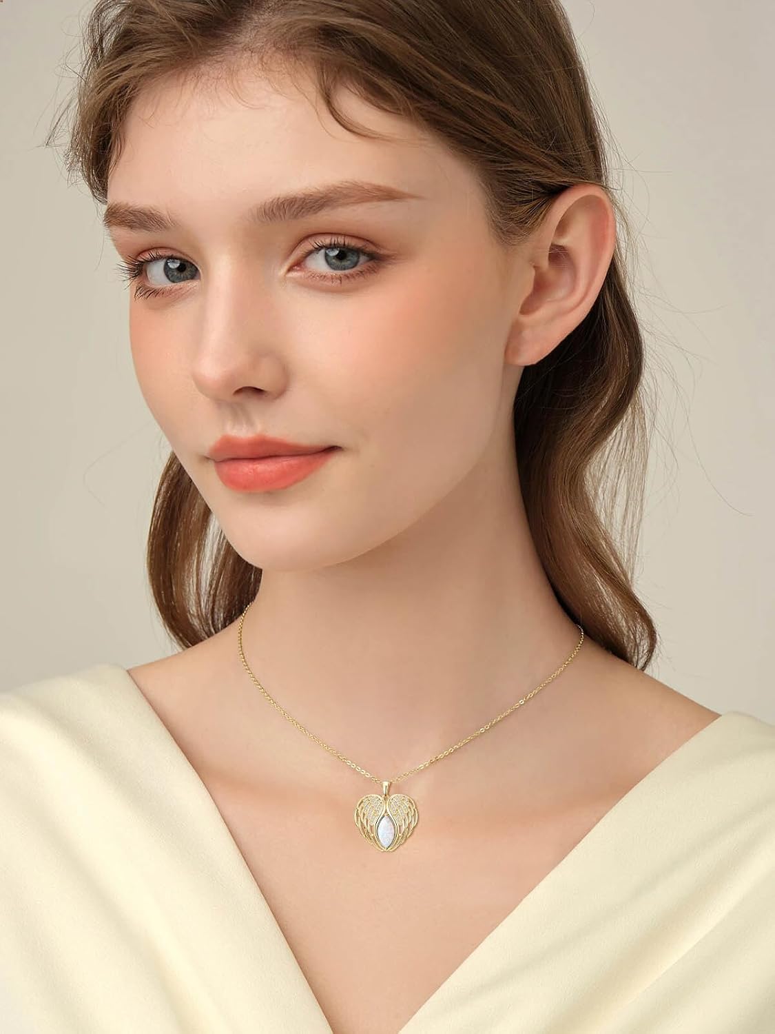 18K White/Yellow Gold Guardian Angel Wings Pendant Necklace Pear Shape Cut Birthstone Jewelry Valentine Christmas Birthday Gifts for Women Mom Her Girlfriend Lover Grandmother Sister