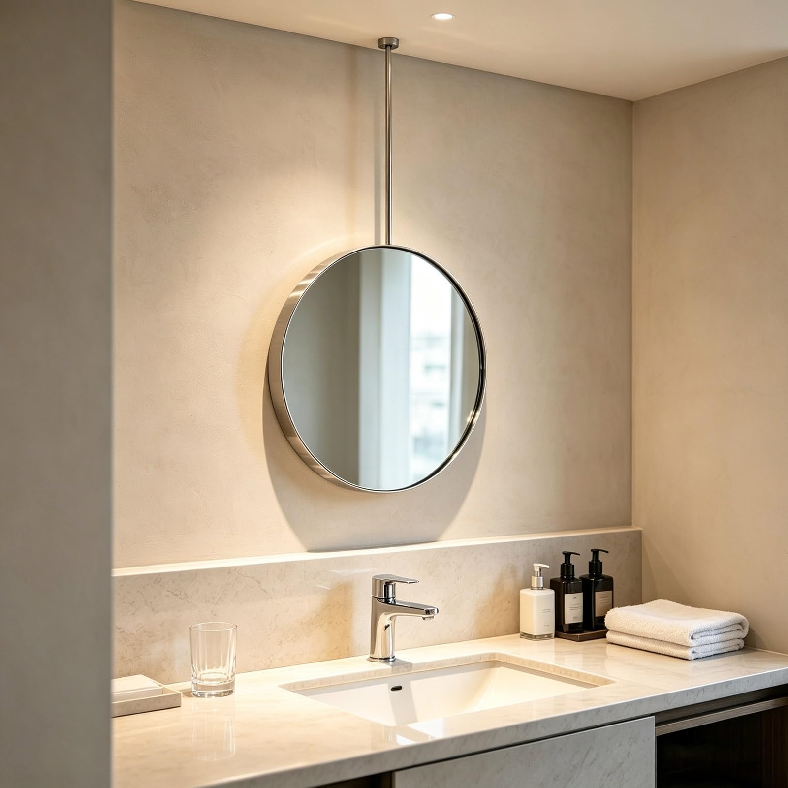 Gaommini Silver Stainless Steel Mirror for Ceiling Hanging, Large Round Bathroom Mirror, Circle Wall Mirror with Ceiling-mounted Boom, Decorative Vanity Mirror(Diameter-70CM/27.6INCH)