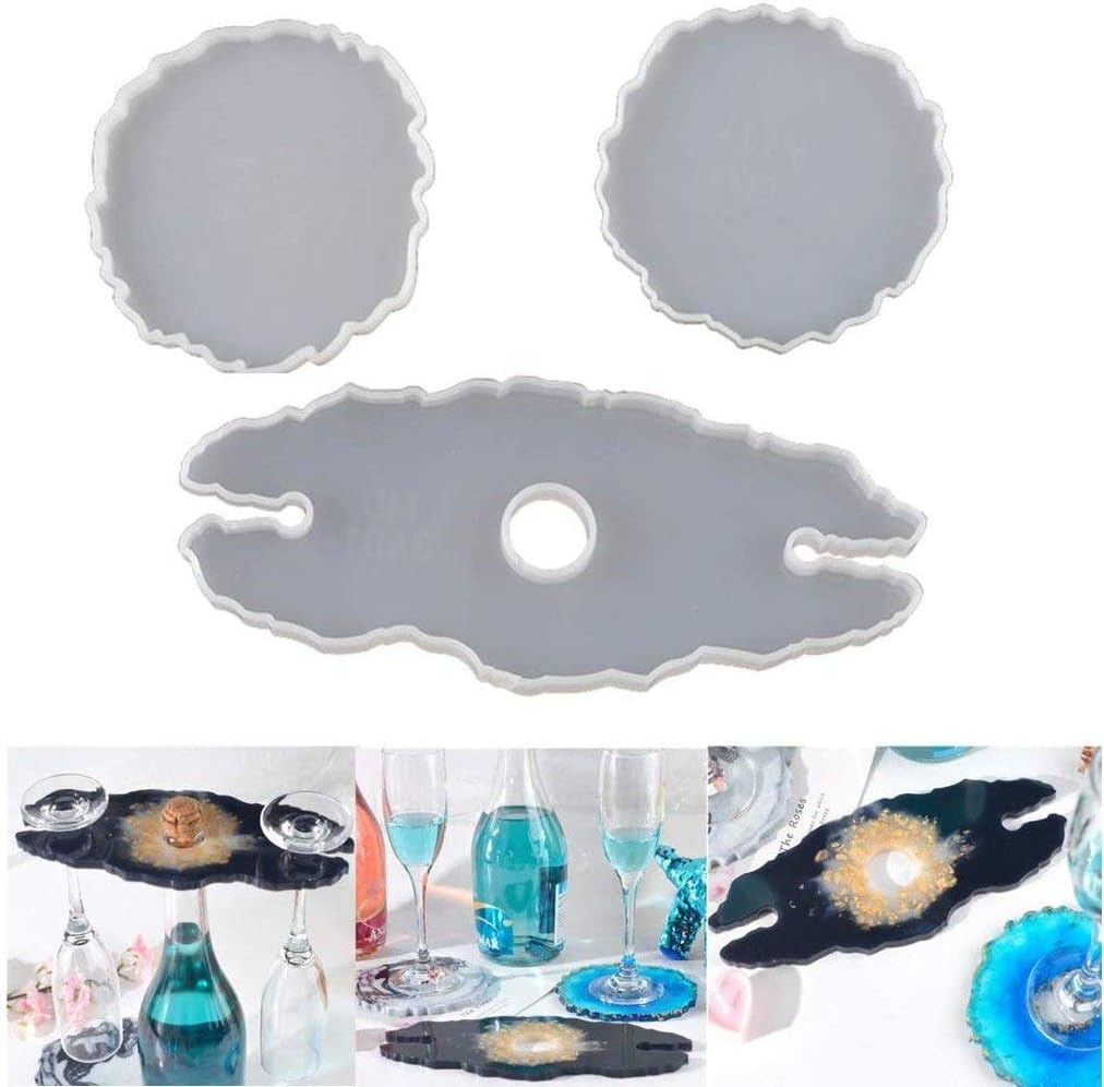 mcyiqihai Terriyang Silicone Wine Glass Holder Resin Casting Mold Cup Coaster Epoxy Mould Craft Tool,Silicone Molds Bottle Shelf Storage Glass Tray Resin Tools Art Crafts (1 Cup Holder + 2 Coasters)
