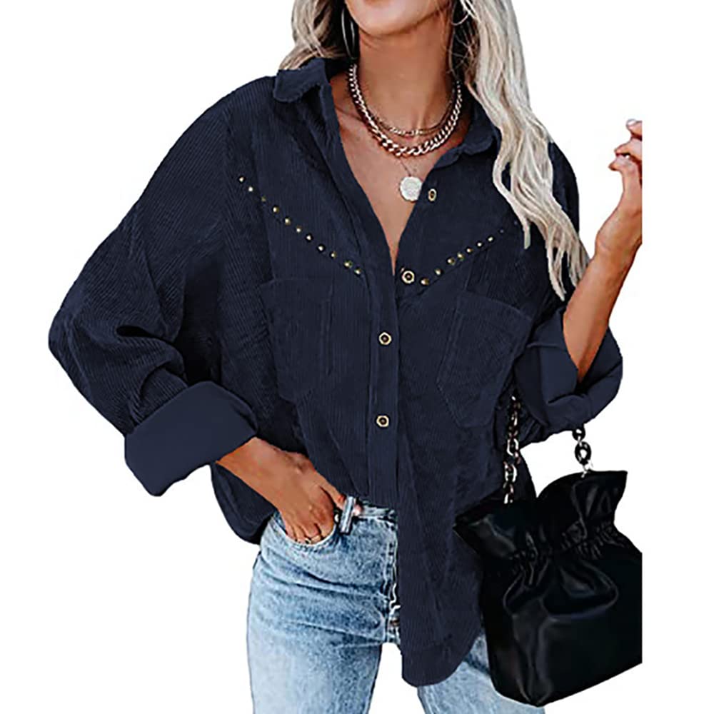 KCatsy Women Corduroy Jacket Shacket Solid Color Block Aztec Plaid Tie-Dye Rivet Patchwork Pocket Button Oversize Overshirt
