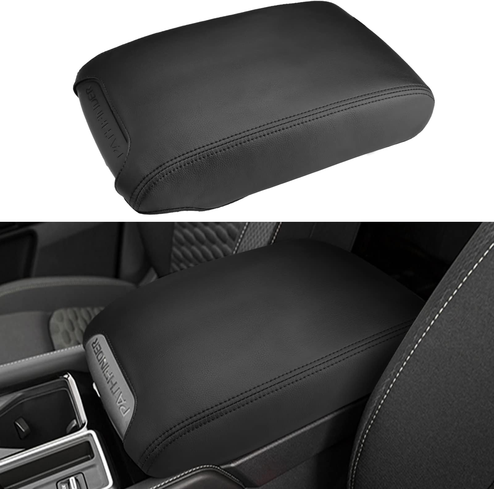 INTGET Center Console Cover for 2022 2023 Nissan Pathfinder Accessories (Black Leather with Black Stitches)