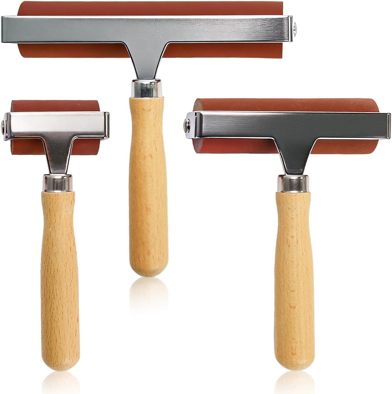 Pumtus 3 Sizes Rubber Brayer Roller, 6,4,2 Inch Soft Printmaking Brayer Tool with Wood Handle, Vinyl Paint Roller for Crafting, Art Paint Brush for Stamping, Wallpapers, Tape, Ink, Gluing, Scrapbook