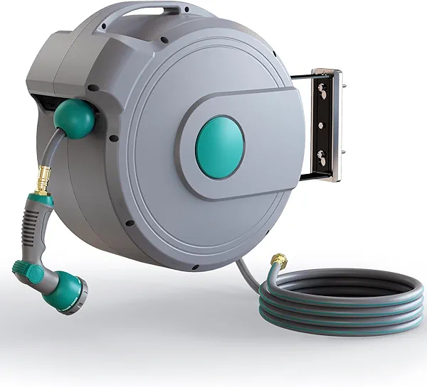 Gilbest Retractable Garden Hose Reel,1/2 in x 100 ft Wall Mounted Hose Reel, with 10- Function Sprayer Nozzle, Any Length Lock/Slow Return System/Wall Mounted/180°Swivel Bracket (Grey)