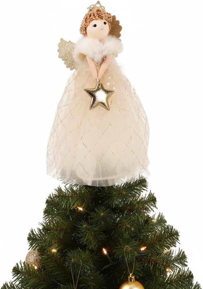 Housoutil Christmas Angel Tree Topper, Christmas Tree Topper, Standing Angel Treetop for Xmas Winter Ornament Holiday Supplies Party Favors Home