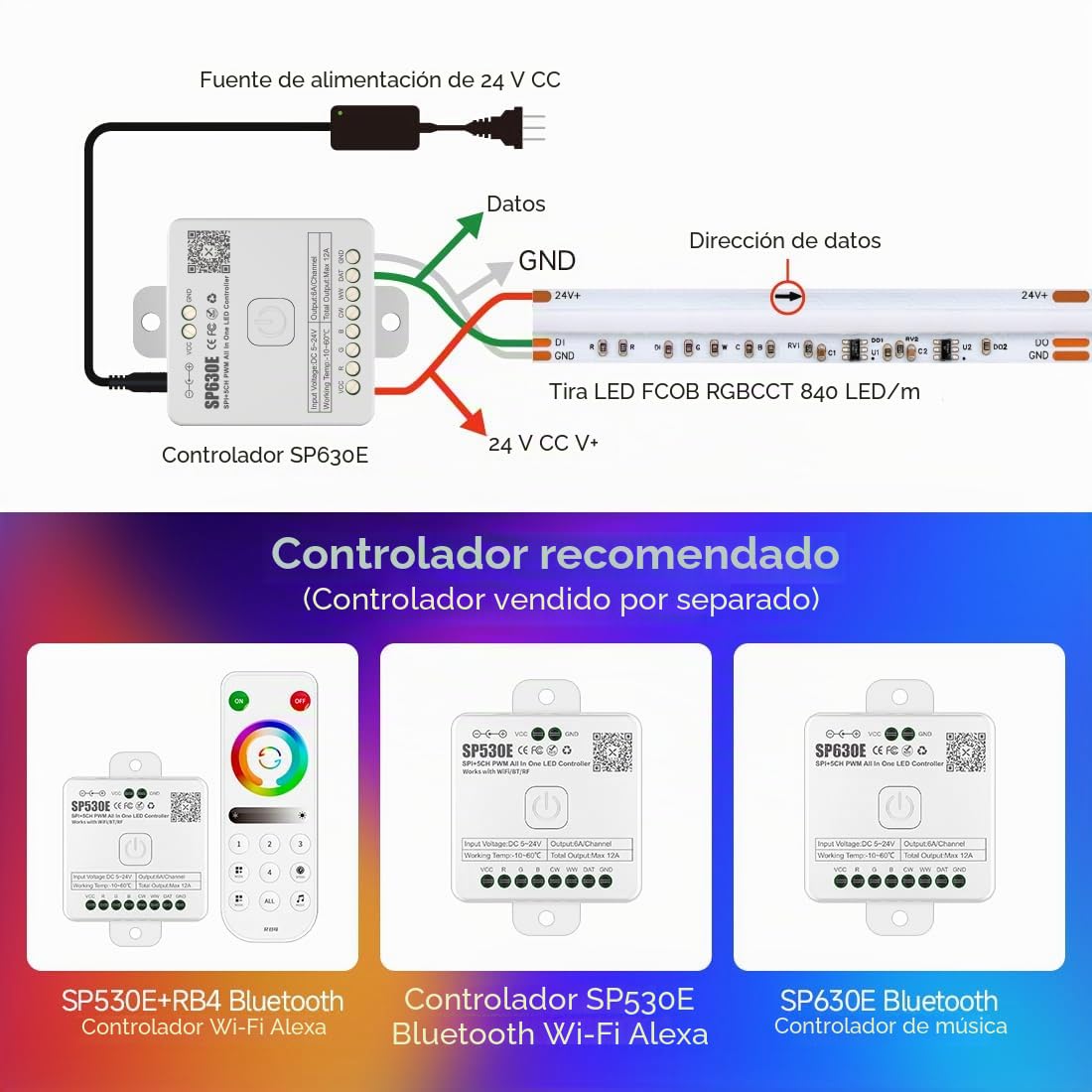 FCOB COB RGBCCT Direccionable SPI Doble IC Dimmable Tira LED RGB+CCT Blanco Ajustable 3000K-6000K Alta Densidad 5M 840LEDs/m 24V IP30 Cinta LED Flexible para Cocina,Decoración del Hogar DIY(Solo Tira)