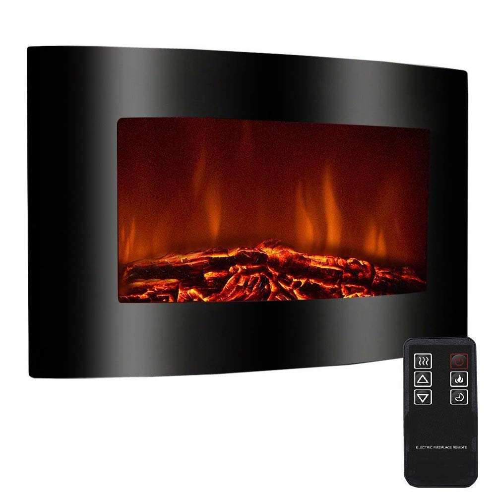 Cheminée Électrique Murale Effet Flammes LEDs - Noire - Chauffage 2000W - 90 x 55 cm - Télécommande - Thermostat électronique