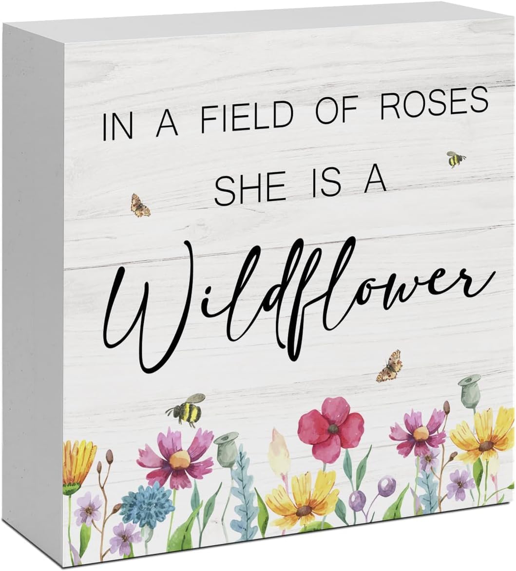 7x7 Inch Wildflower Box Sign, Floral Wooden Tabletop Decor