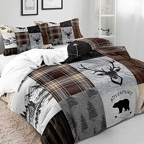 Luvivihome 3Pcs Rustic Bedding, Cabin Duvet Cover Queen, Black Bear Deer Moose Forest Animal Wildlife Hunting Lodge Quilt Brown Patchwork Plaid Comforter Cover Country Farmhouse Bedding 2 Pillow Shams #TOP2