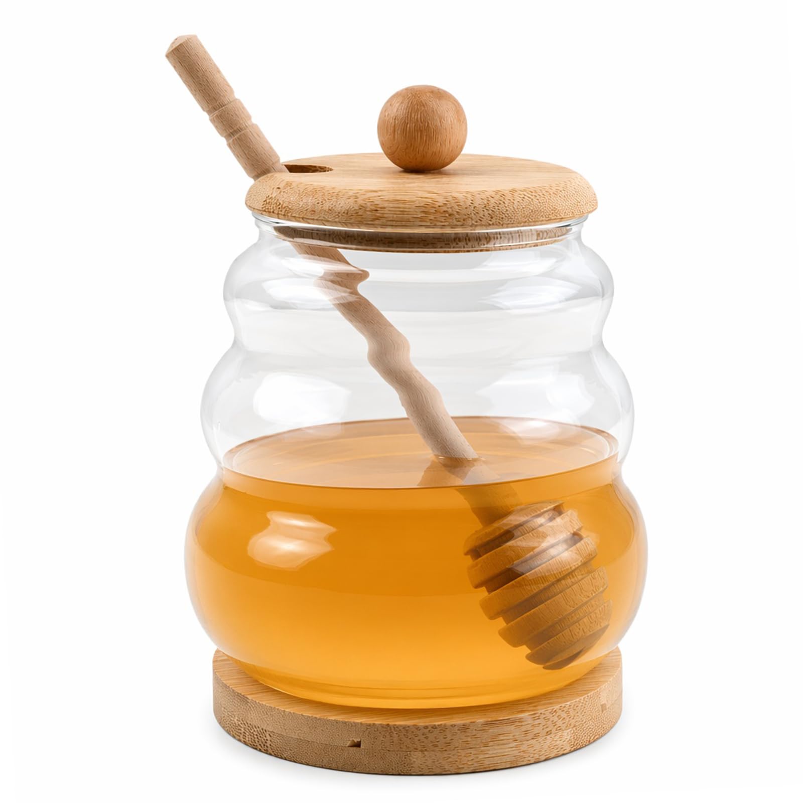 Kaiyzo Honey Jar with Lid and Dipper, Transparent Honey Pot, Glass Honey Dispenser for Serving Honey and Syrup, for Home Kitchen (450, Millilitres)