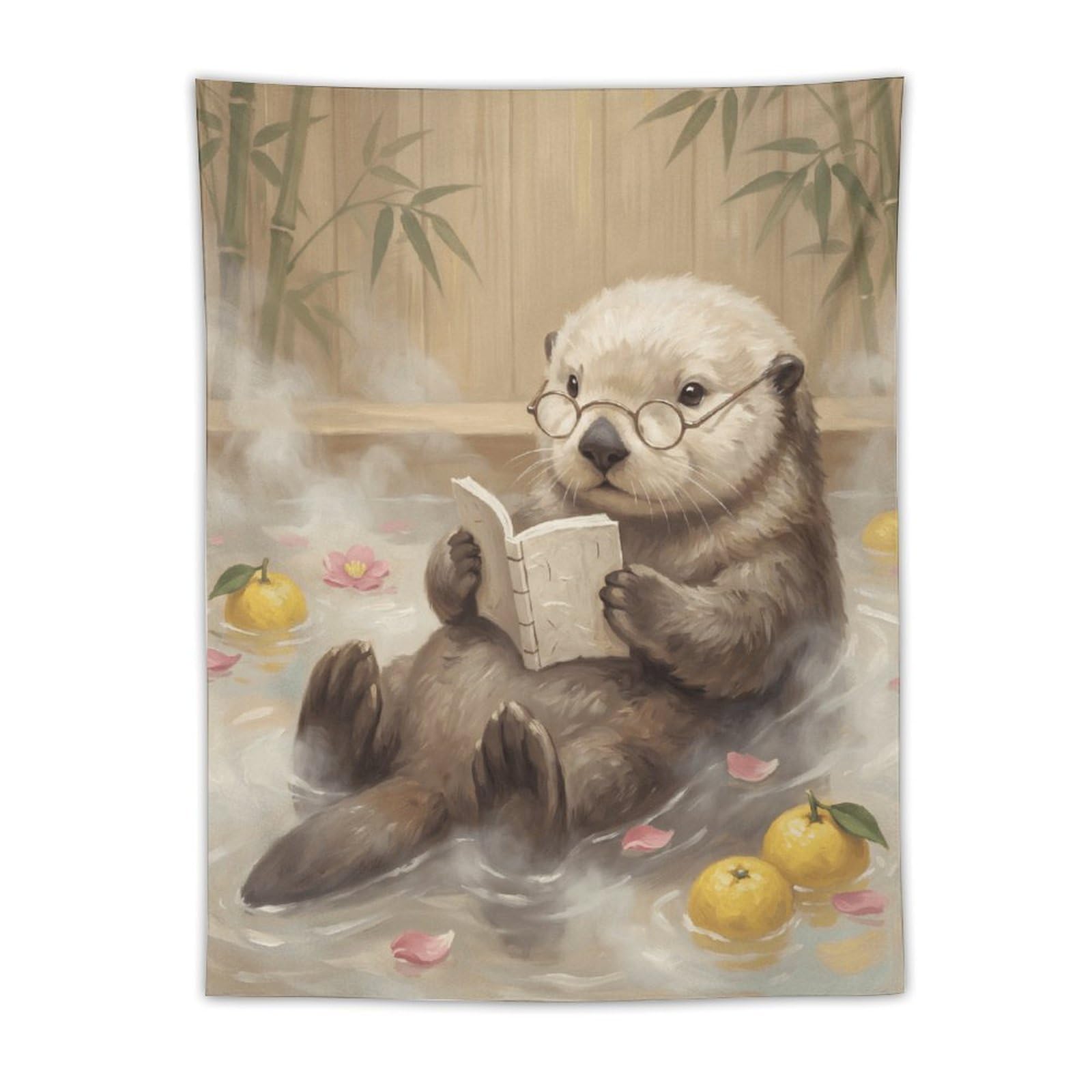W7C8U2X3 Reading Otter Bath Wall Tapestry, Whimsical Animal Story