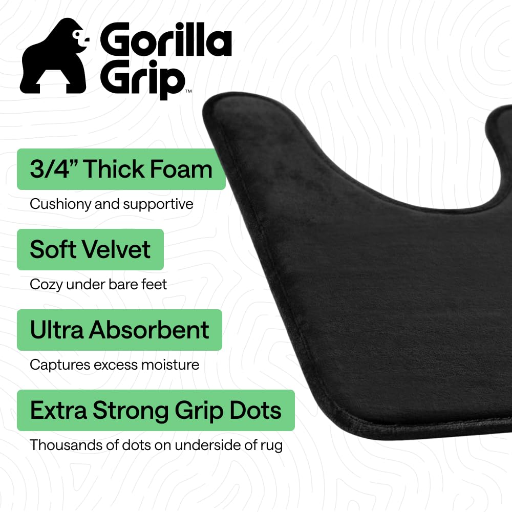 Gorilla Grip Thick Memory Foam Contoured Toilet Bath Rug 22.5x19.5, U Shape, Cushioned, Soft Floor Mats, Absorbent Cozy Bathroom Mat Rugs, Machine Wash and Dry, Plush Bath Room Carpet, Black