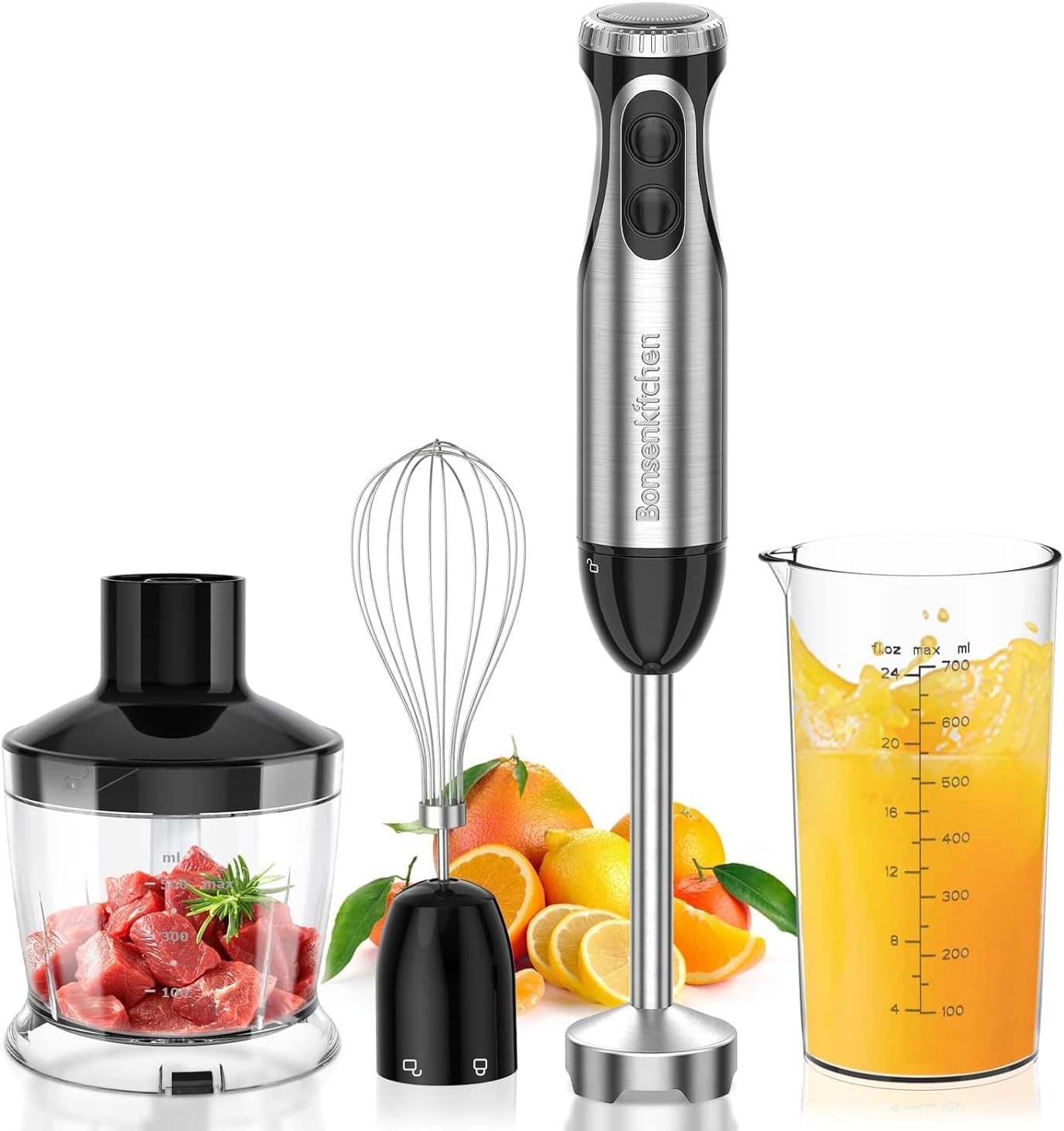Bonsenkitchen Stainless Steel Hand Blender, 4-in-1 Stick Blender 1000W, 20 Speed Adjustable, with Whisk, 500ml Chopper and 700ml Measuring Cup, Food Processor (HB3203)