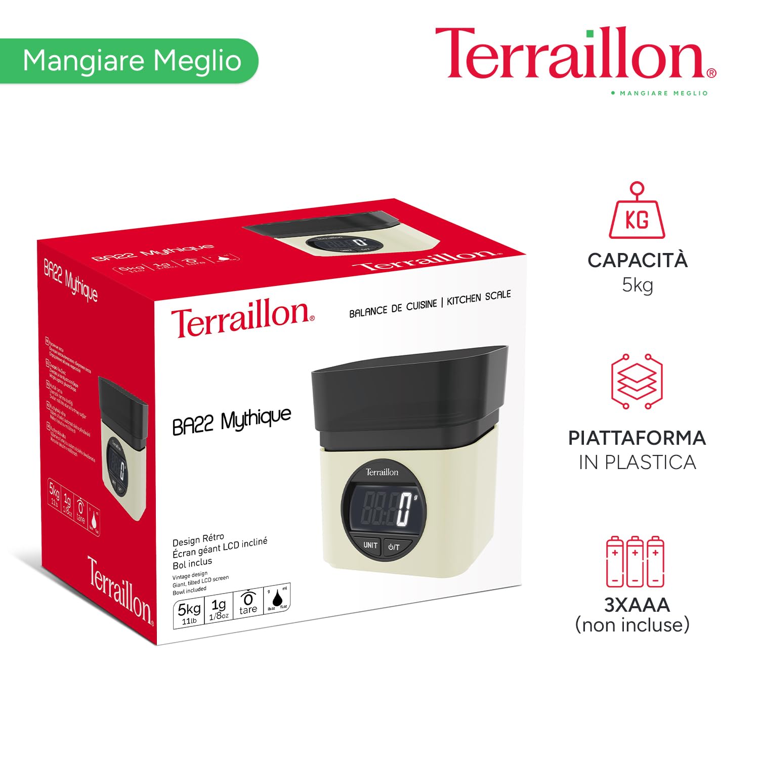TERRAILLON - BA22 MITICA - Bilancia da cucina elettronica, design iconico e retrò, ciotola integrata 0.7L, grande schermo LCD, display XXL numeri, funzione tara, crema