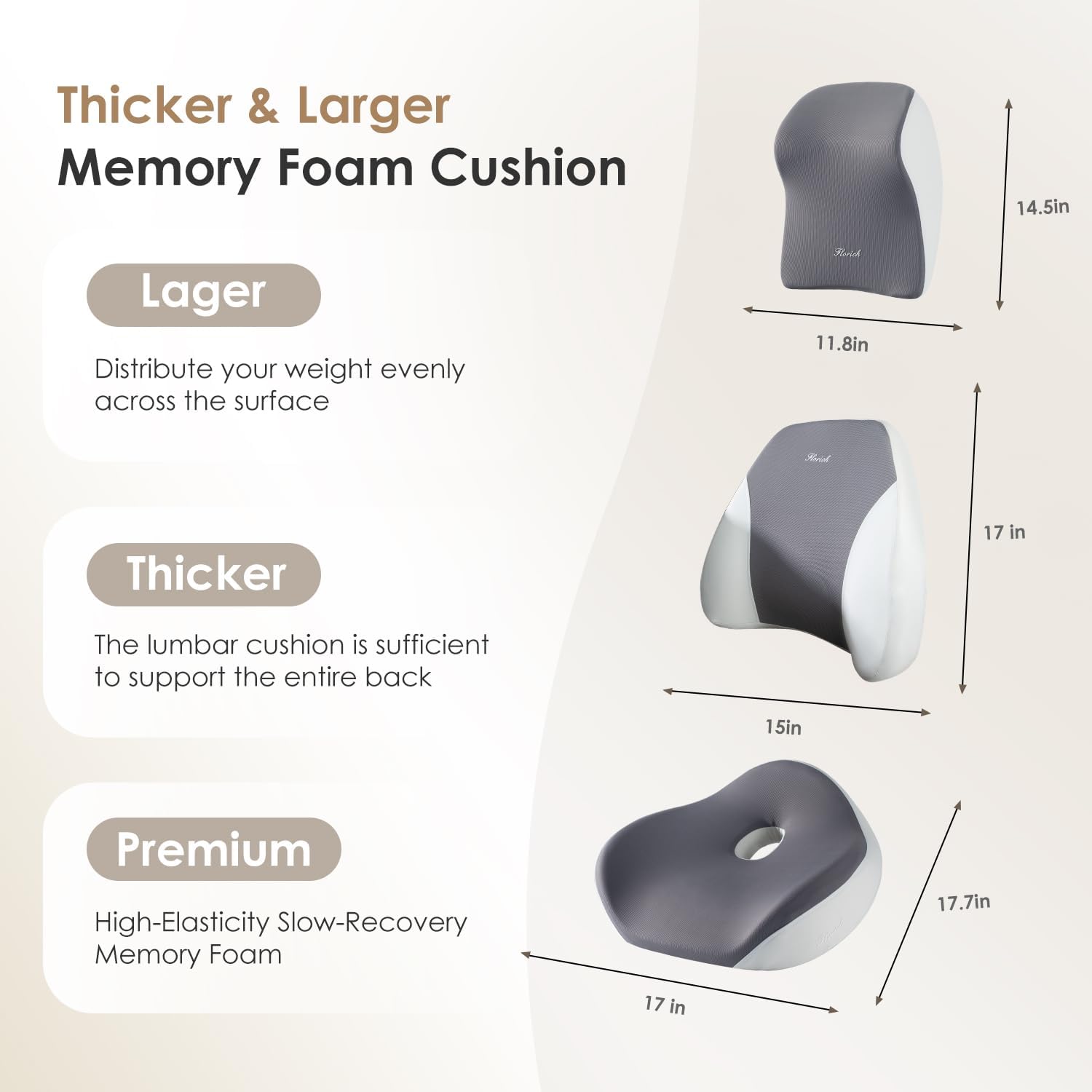 FLORICH Car Seat Cushion & Lumbar Support Pillow & Car Neck Pillow Ergonomic and 100% Memory Foam, Upgraded Larger and Breathable Car Seat Cushion & Back Support Pillow - Gray - Image 3