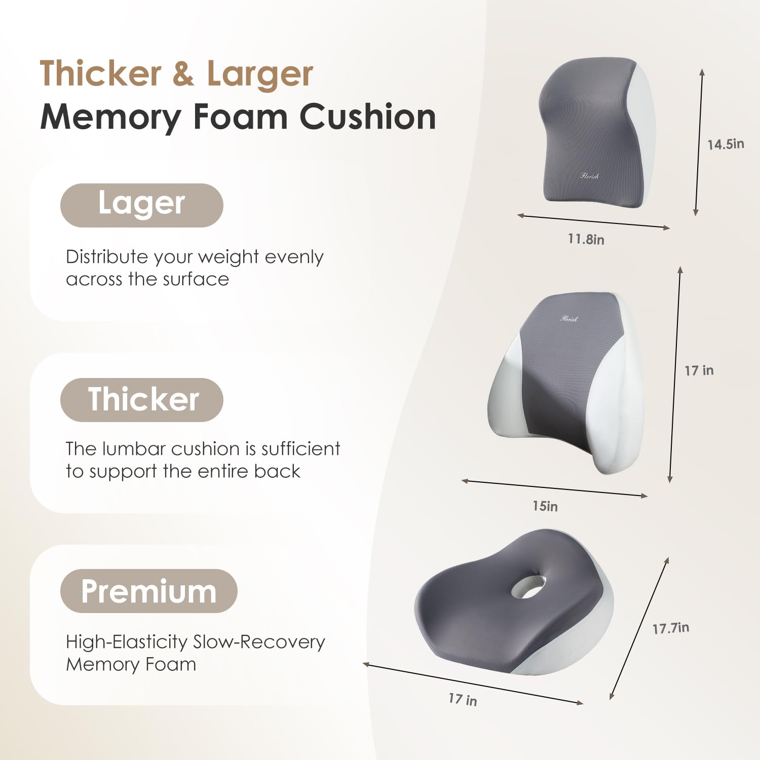FLORICH Car Seat Cushion & Lumbar Support Pillow & Car Neck Pillow Ergonomic and 100% Memory Foam, Upgraded Larger and Breathable Car Seat Cushion & Back Support Pillow - Grey