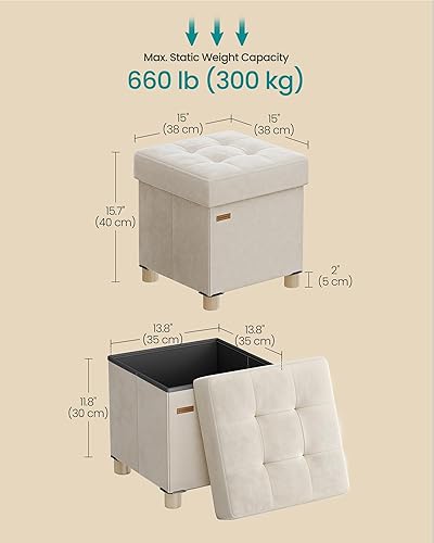 Miniatura 3 de SONGMICS Otomana de almacenamiento pequeña, cubo otomano plegable, 15 x 15 x 15.7 pulgadas, reposapiés, 9.8 galones (37 L), superficie de Crema