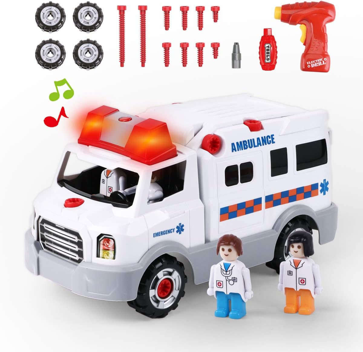 REMOKING Take Apart Ambulance Toy with Electric Drill, STEM Construction Build & Play Vehicle for Kids Ages 3+, Lights & Sounds Educational Toy, for Boys & Girls
