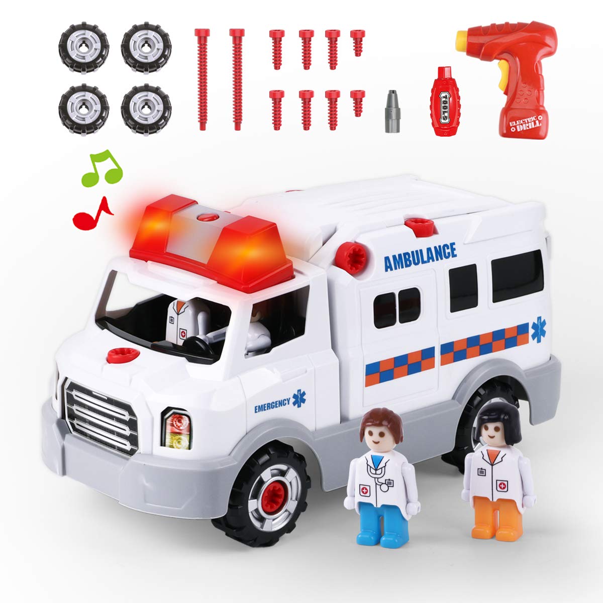 REMOKING Take Apart Ambulance Toy with Electric Drill, STEM Construction Build & Play Vehicle for Kids Ages 3+, Lights & Sounds Educational Toy, for Boys & Girls