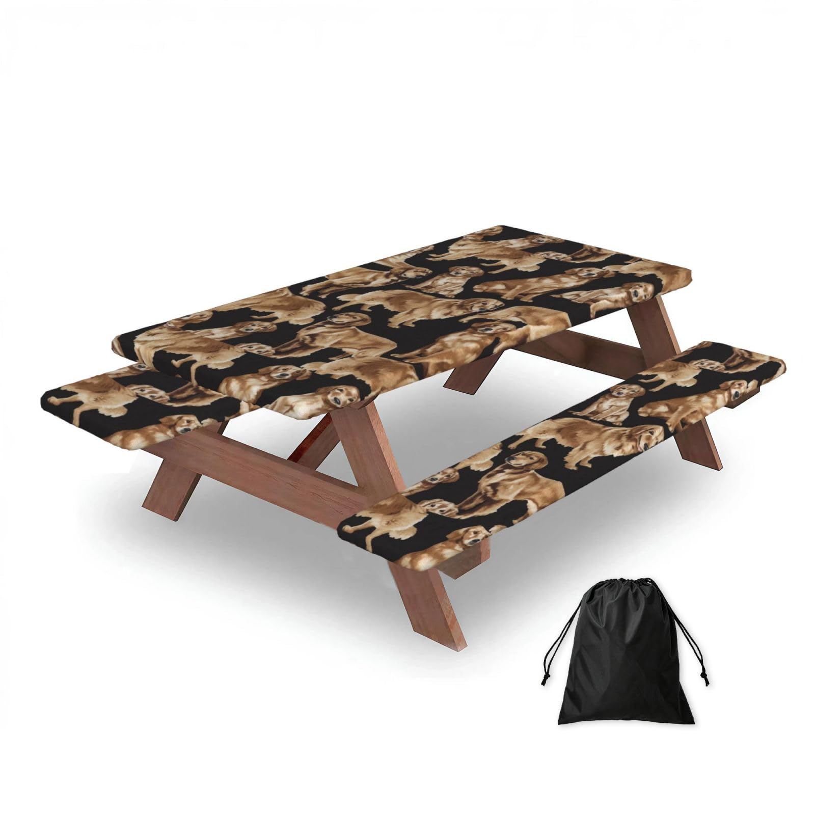 Dopklna As Picture Golden Retrievers, Picnic Table Cover With Bench Covers -Waterproof Elastic Fitted Tablecloth For Garden Camping Patio 76X152cm