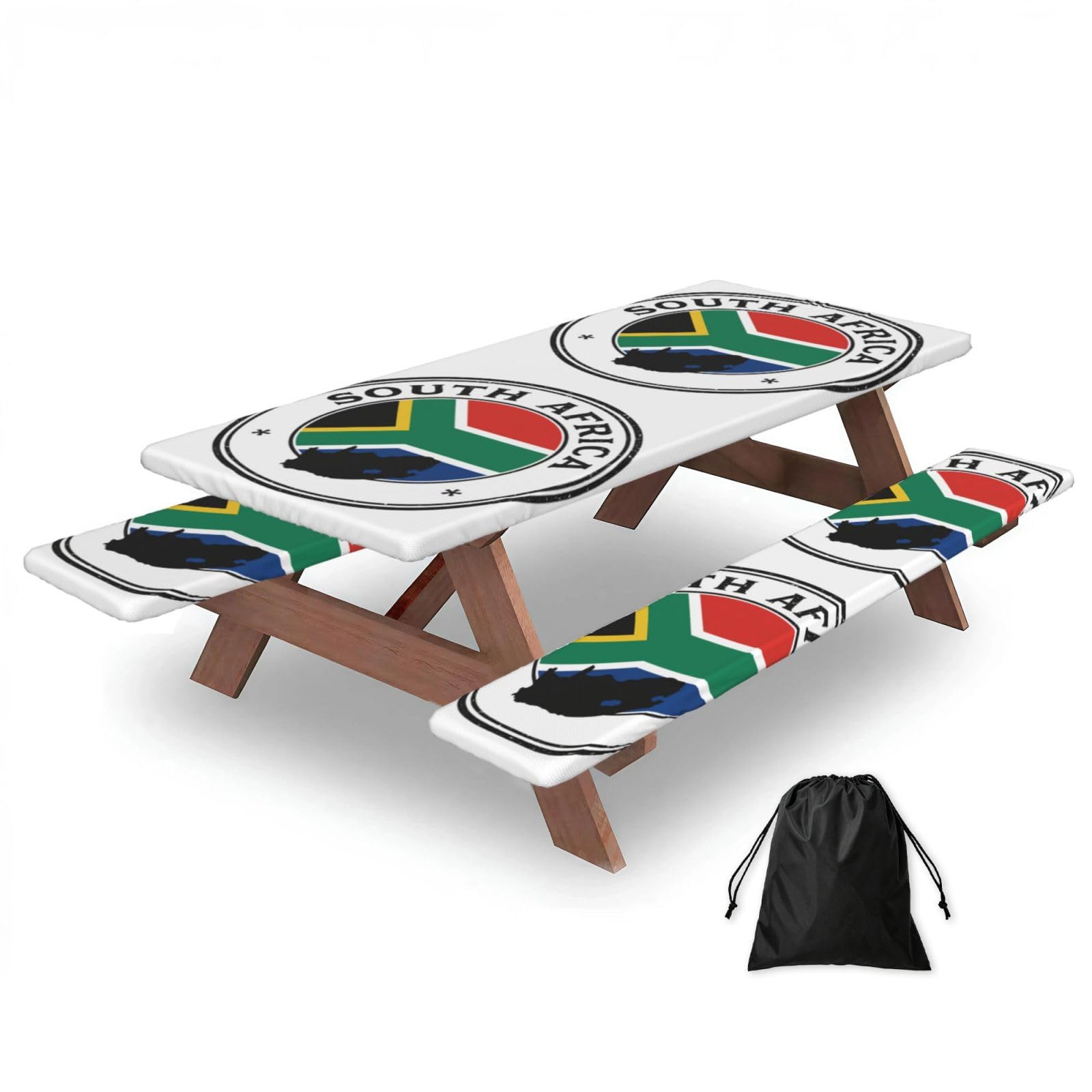 Zyjhyy Black South Africa Flag Print Party Table Covers With Bench Covers Set Of 3 Picnic Table Cloth Wipe Clean For Garden Camping