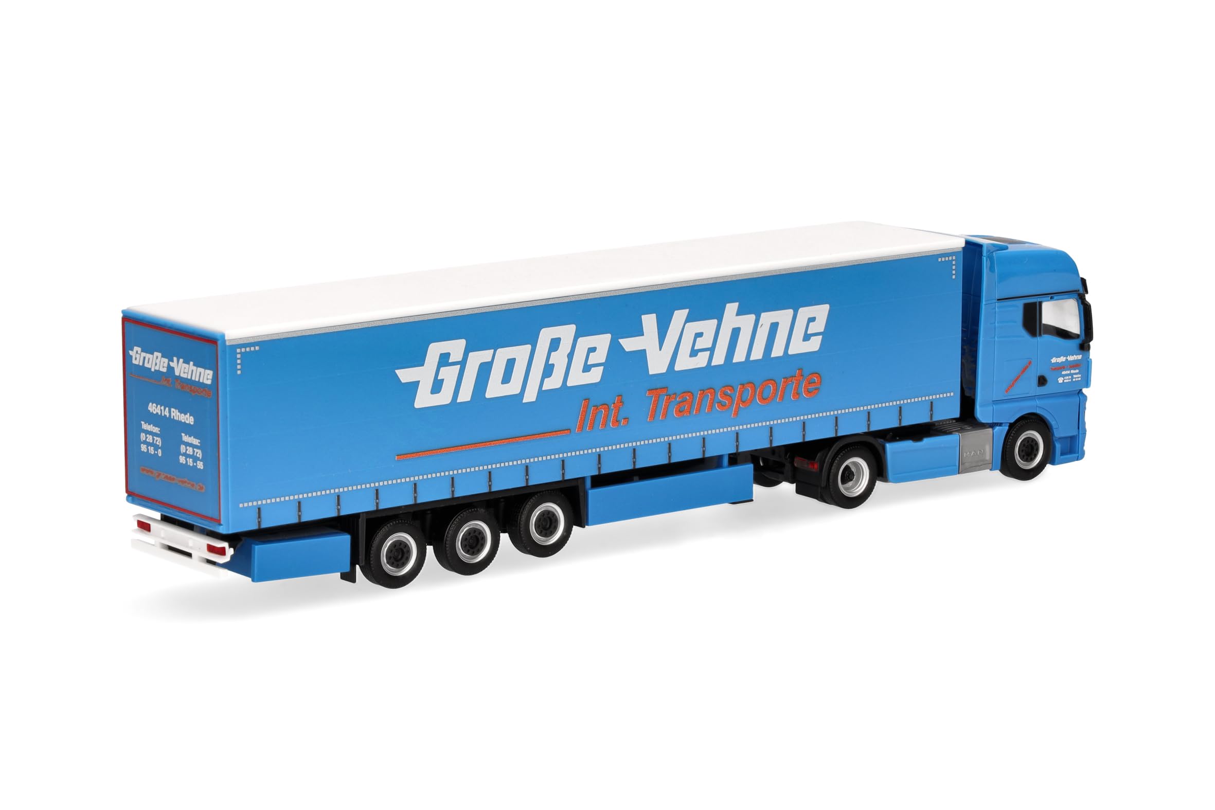 Herpa Model ciężarówki MAN TGX GX naczepa plandeka "Große-Vehne", miniatura w skali 1:87, kolekcjonerski, Made in Germany, plastik