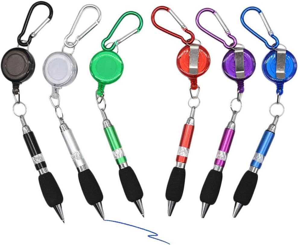 ADFEN 6PC 3-in-1Retractable Badge Reel Pen Belt Clip and Carabiner Ballpoint pen for outdoor sport or Golf
