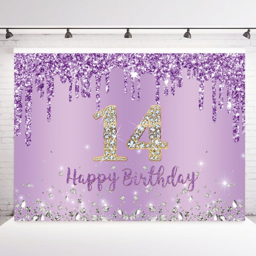 INRUI Purple Happy 14th Birthday Photography Background Girls Sweet 14th Years Old Birthday Party Decorations Backdrop 7x5FT