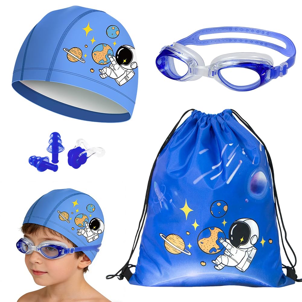 Swim Cap, Swimming Hat, Protection Swim Goggles, Comfortable Light Swimming Set Swimming Cap, Goggles, Nose Clip, Earplugs(Blue)