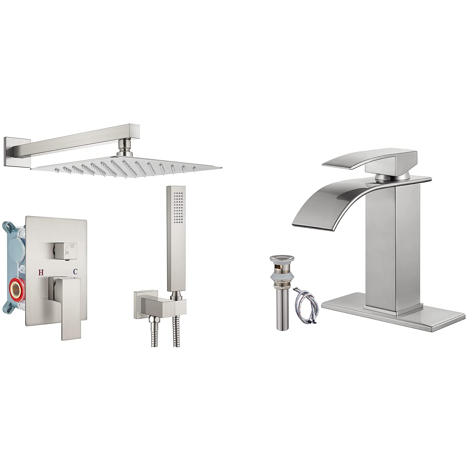 Sxithgkdw Rain Shower System Brushed Nickel Wall Mount Matching With Brushed Nickel Bathroom Sink Faucet Waterfall Spout Single Handle