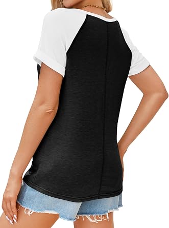MaQiYa Womens Short Sleeve Summer Tops Henley V Neck T Shirts Casual Color Block Raglan Shirts Cotton Baseball Tunic Tees