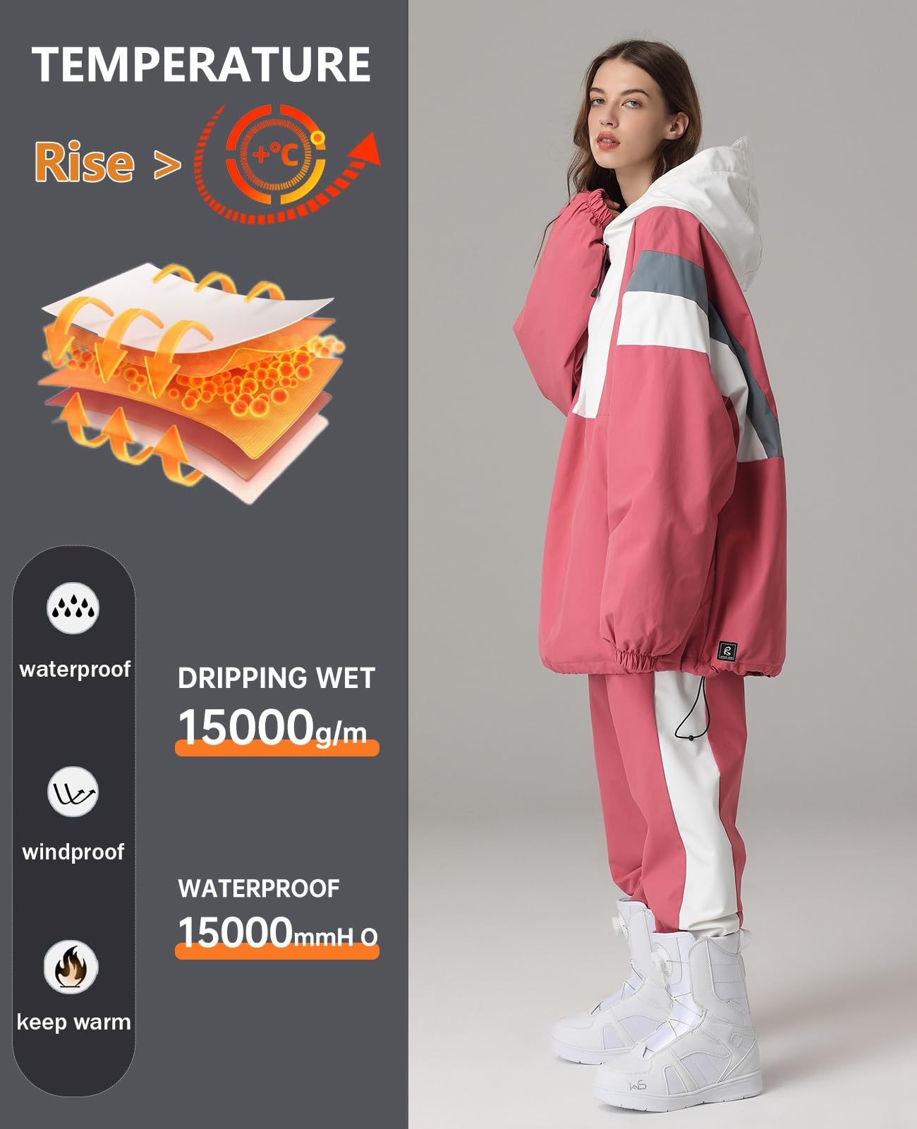 HOUZONIY Traje de esquí para hombre y mujer, traje de esquí para mujer, mono de esquí para invierno, cálido, para esquiar, para exteriores, con capucha, cierre de cremallera, traje de esquí