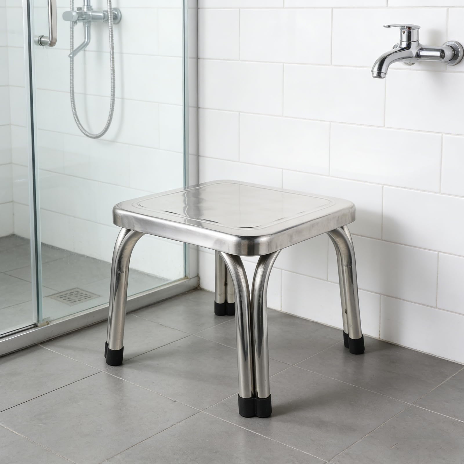 Taburete de Acero Inoxidable 22 Cm, Banco Antideslizante Compacto para Baño y Ducha, Asiento Resistente para Personas Mayores, Reposapiés Metálico Seguro y Fácil de Limpiar