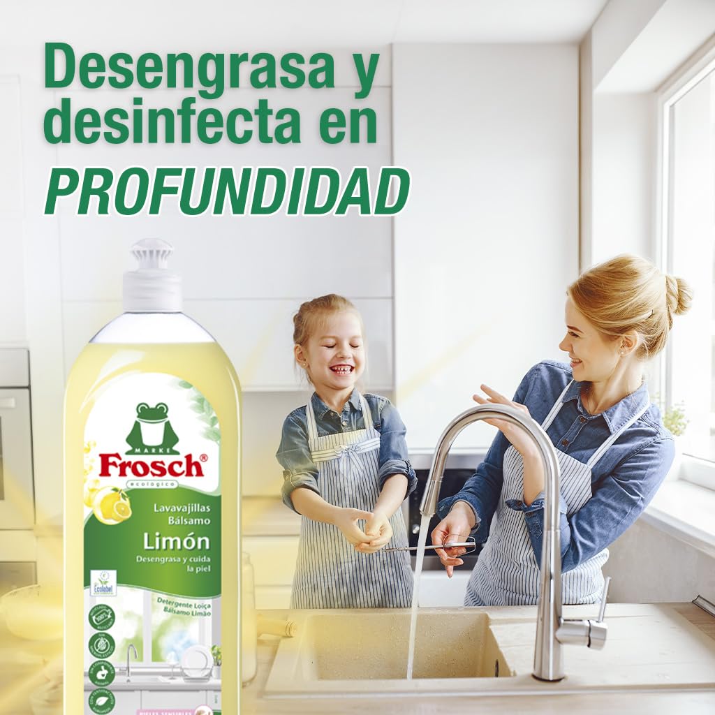 Frosch - Lavavajillas a Mano Líquido Bálsamo Ecológico Limón, Desengrasa y Protege la Piel, Dermatológicamente Testado - Pack de 2 Unidades x 750 ml