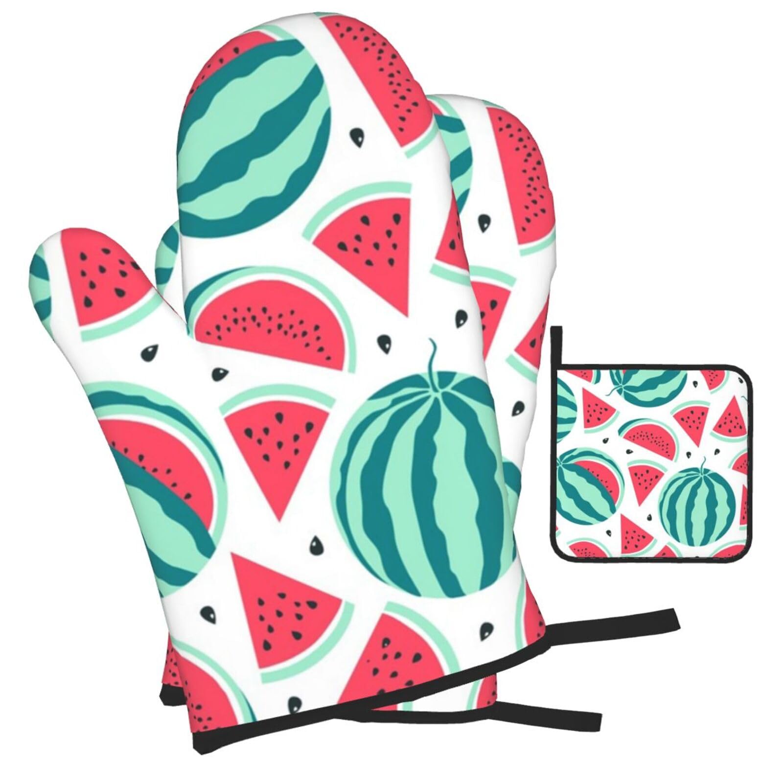 Fruits Watermelon Printed Oven Mitts and Pot Holders Heat Resistant Set of 3 Pcs, Modern Kitchen Gloves & Potholders for Cooking Baking Grilling