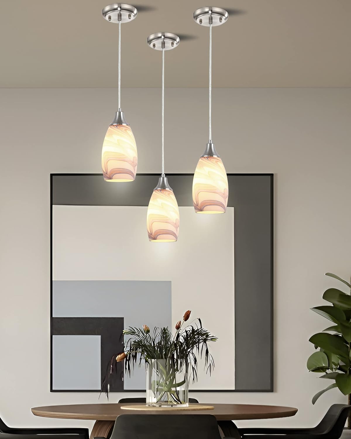 karyfine Mini Art Glass Pendant Lights Kitchen Island Blown Glass Pendant Lighting with Brushed Nickel Finish Adjustable Cord Ceiling Hanging Lamp for Hallway,Dining Room White and Dark Blue-1P