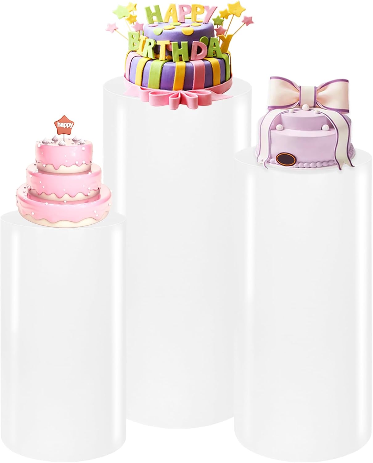 HAISIWLKJ 3PCS Cylinder Pedestal Stands for Parties, White Metal Round Cylinder Plinths Dessert Table Display Pillars for Birthday Wedding Bridal Baby Shower Party Decorations(Large)