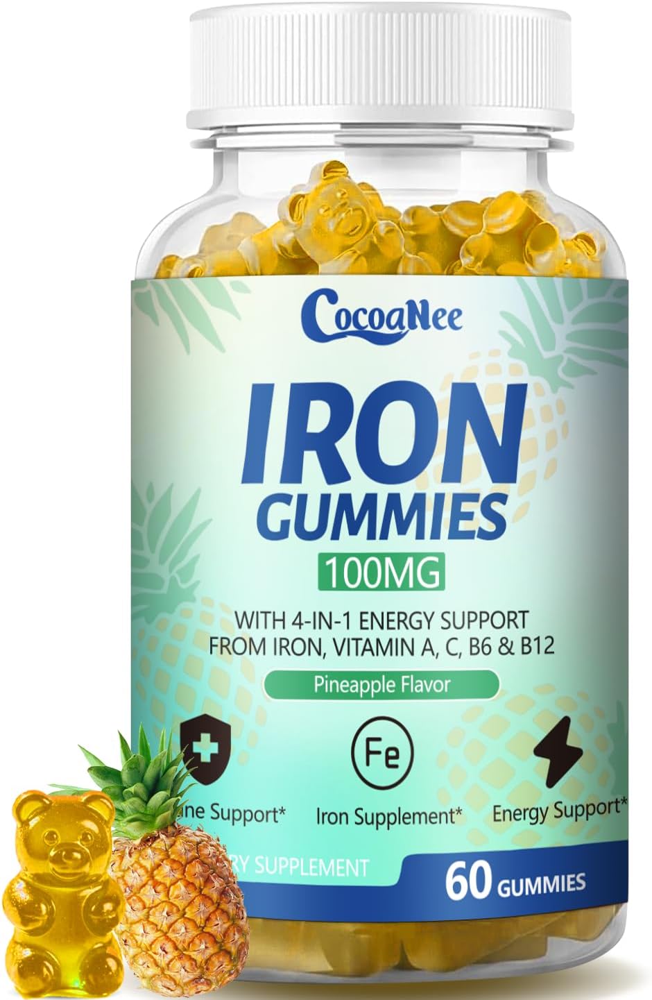 2 Pack 100MG Iron Supplements Gummies for Women & Men - Vitamin C, A, B12 - Complex, Improve Absorption, Energy Boost, Iron Deficiency, Anemia for Adults & Kids - Complex Folate, Zinc, 120Cts