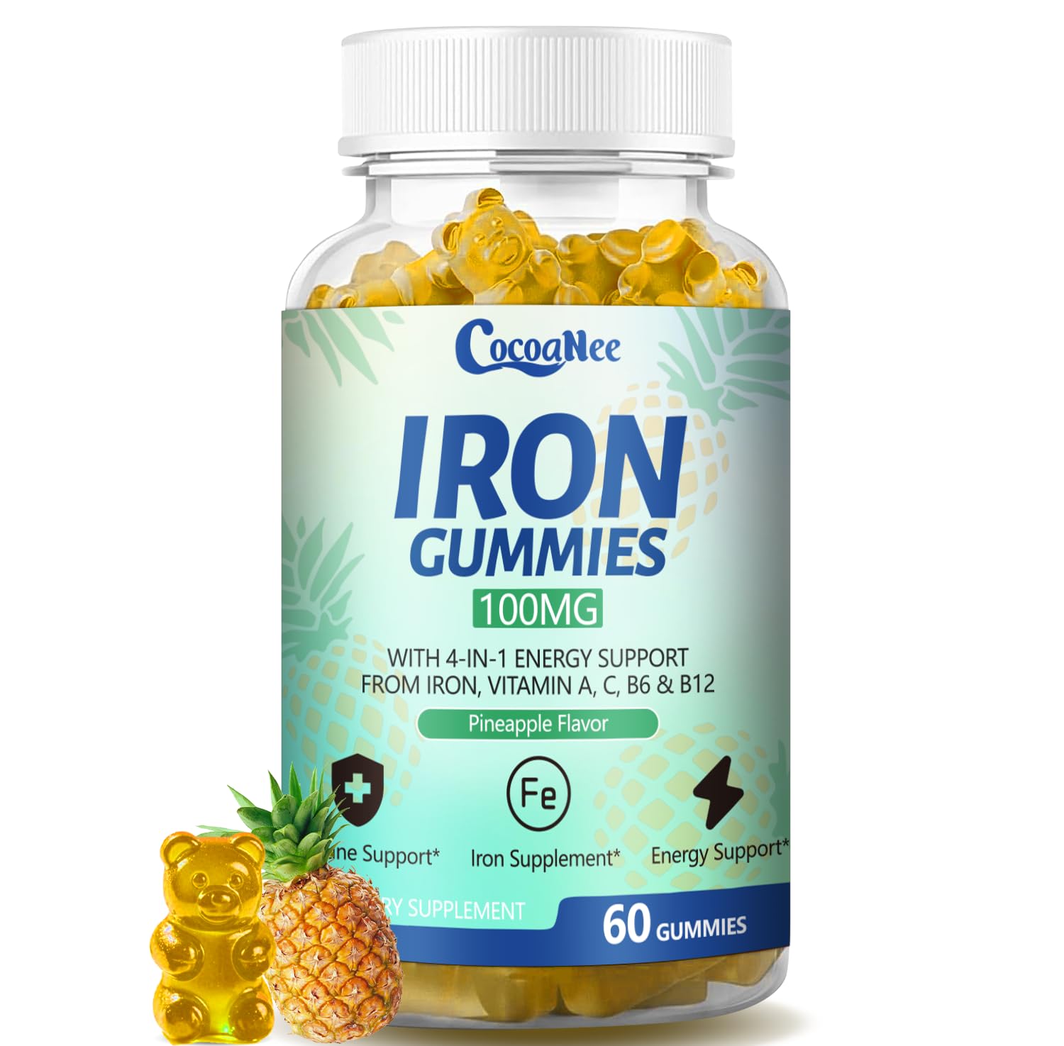 1 Pack 100MG Iron Supplements Gummies for Women & Men - Vitamin C, A, B12 - Complex, Improve Absorption, Energy Boost, Iron Deficiency, Anemia for Adults & Kids - Complex Folate, Zinc, 60Cts 60 Count (Pack of 1)