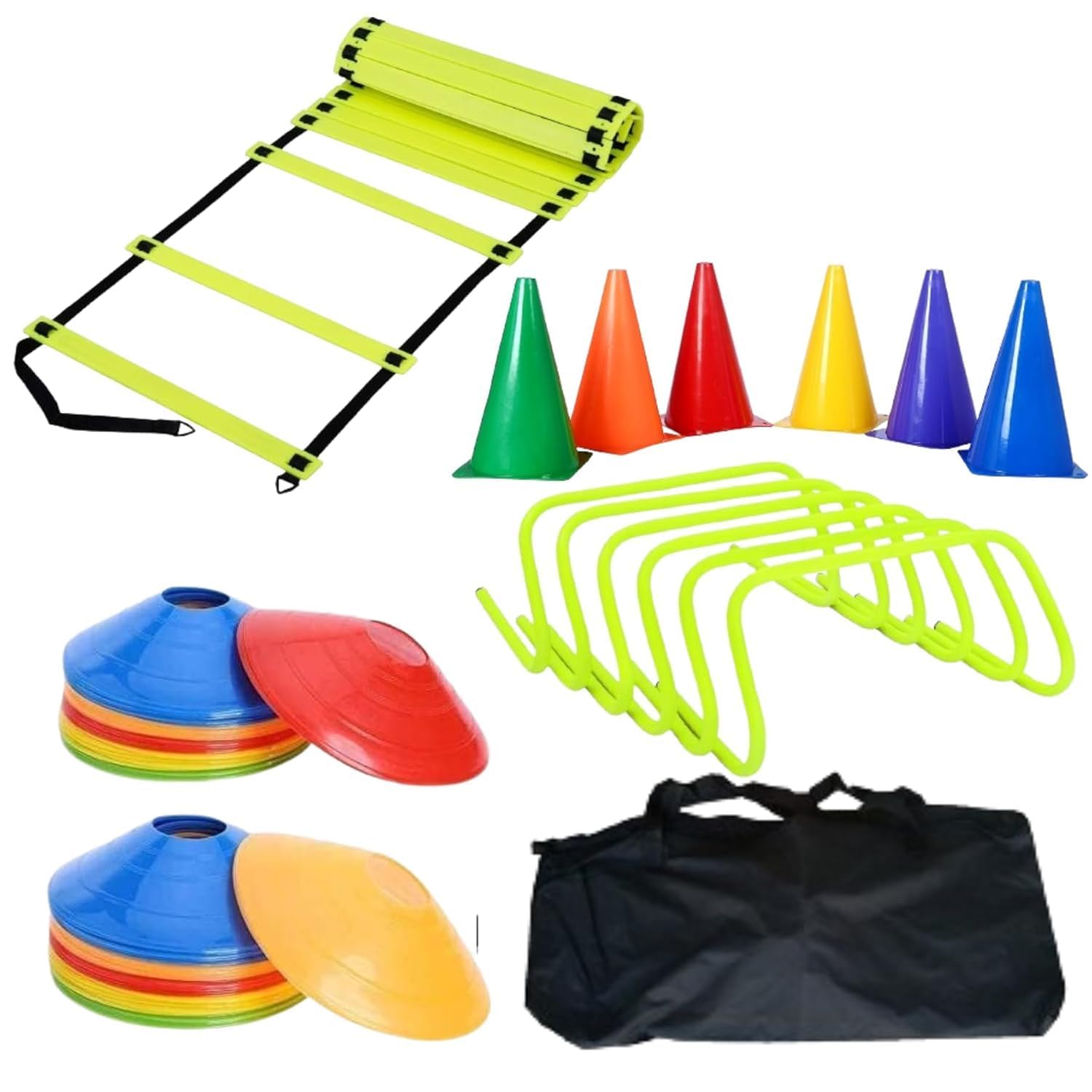 JAXTON Complete Sports Agility Training Kit with 4m Ladder, Skipping Rope, 20 Saucers, 6 Cones, 6 Hurdles, 6-Inch Marker Cones, Football, Fitness, Speed, Footwork, Coordination Drill Set (50 CM)-image-49