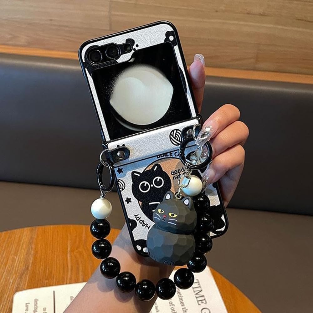 for Samsung Galaxy Z Flip 6 Case with Hinge Protector Beads Strap Woman Cute Case Black Cat Ornaments Kawaii Girly Wristband Case for Z Flip 6 (Galaxy Z Flip6)