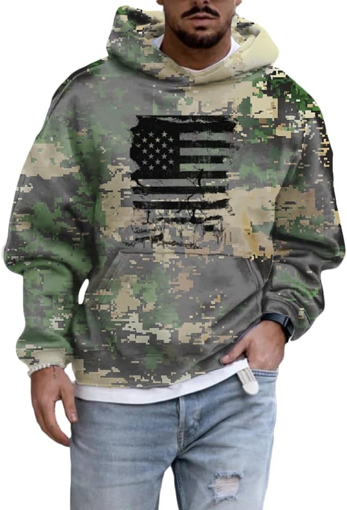 Camo Hoodies Men American Flag Printed Graphic Hooded Sweatshirt Long Sleeve USA Patriotic Vintage Pullover Tops