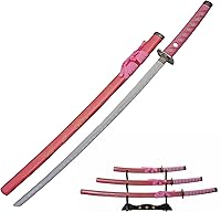 Vista 1 de Katana de dragón antiguo de 3 piezas rosa con vaina grabada y soporte de exhibición