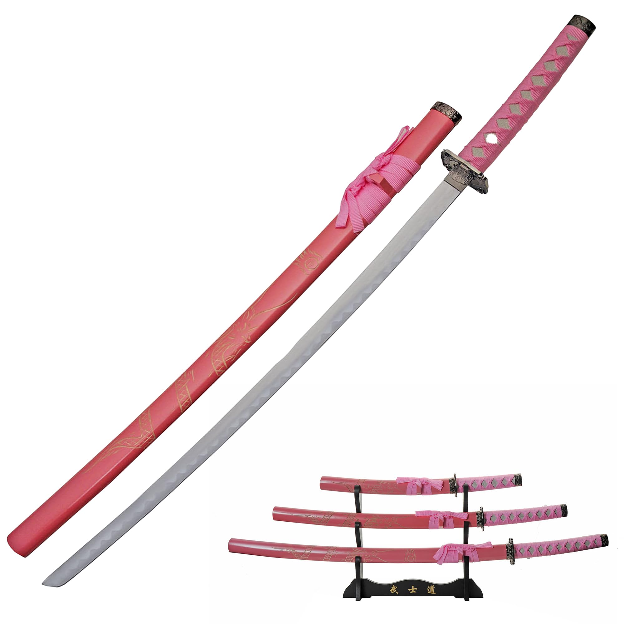 Amazon.com: 粉紅色3 件式古龍武士刀,附雕刻刀鞘和展示架: 運動