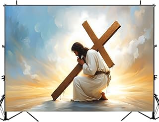 5x7ft Photography Backdrop 2D Jesus Cross Christain Man Kneeling Wooden Sunlight Flowing Robe Photo Backdrop Photography Background for Photoshoot Portrait Video Party Photo Studio Prop Booth