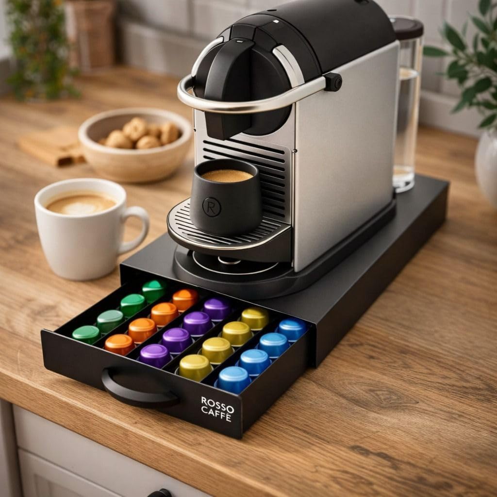ROSSO CAFFÈ Coffee Capsule Drawer Organizer Compatible with Nespresso Original Machines, Holds 45 Capsules, Space-Saving Countertop Storage, Sleek Design