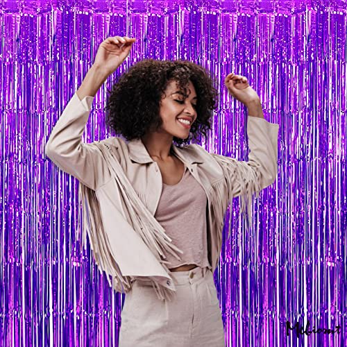 Image of 4 Pack Purple Fringe Curtain Backdrop, 3.2Ft x 6.6Ft Metallic Tinsel Foil Fringe Streamers Curtains Background for Photo Booth Birthday Wedding Baby Shower Party Thanksgiving Christmas Decorations