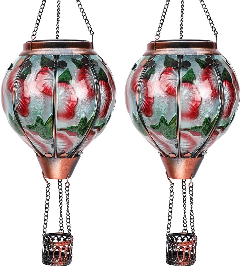 2PC Hot Air Balloon Solar Lantern with 2PC Shepherd Hook, Flickering Flame Hanging Solar Lanterns Outdoor Lights Waterproof Lanterns for Garden Patio Yard Party Decor (Hummingbirds & Flowers) Hummingbirds&Red Flowers-2pc