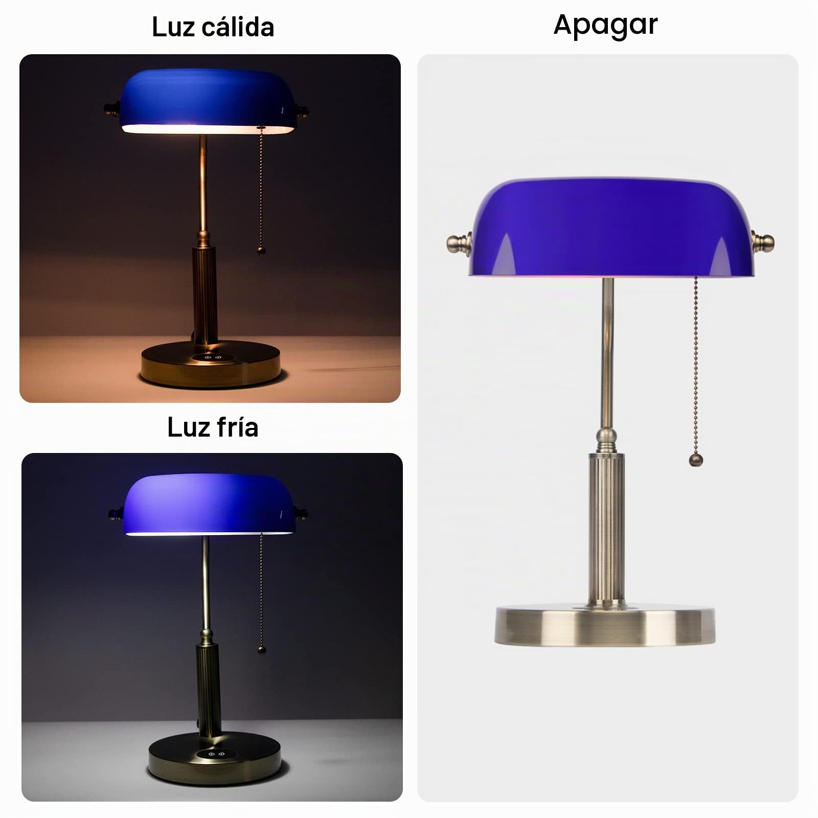 FIRVRE Azul Lámpara de Escritorio de Vidrio E27 Lámpara de Mesa Clásica con Puerto USB de Carga Inalámbrica Interruptor de Cadena de Latón Vintage Lámpara de Mesilla de Noche para el Hogar Oficina
